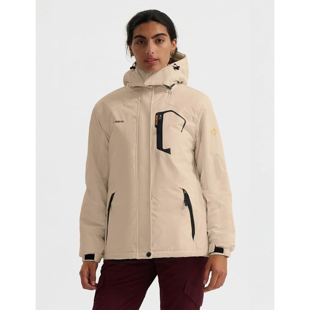 Women's Light Beige Ski Snow Hooded Jacket Coat Snowboard Waterproof Winter Warm - Picture 2 of 6